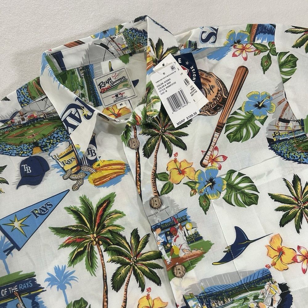 NWT Reyn Spooner Tampa Bay Rays Men's‎ Medium White Hawaiian MLB Shirt